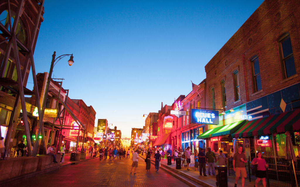 View of Beale Street, Memphis, TN- explore the vibrant city with Blue Suede Realty the best Real estate agents in Memphis, TN